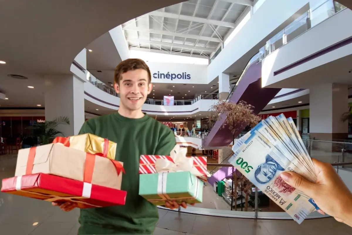 Persona comprando regalos frente a la Plaza Fórum Buenavista y una mano sosteniendo billetes.    Foto: Freepik editada en Canva.