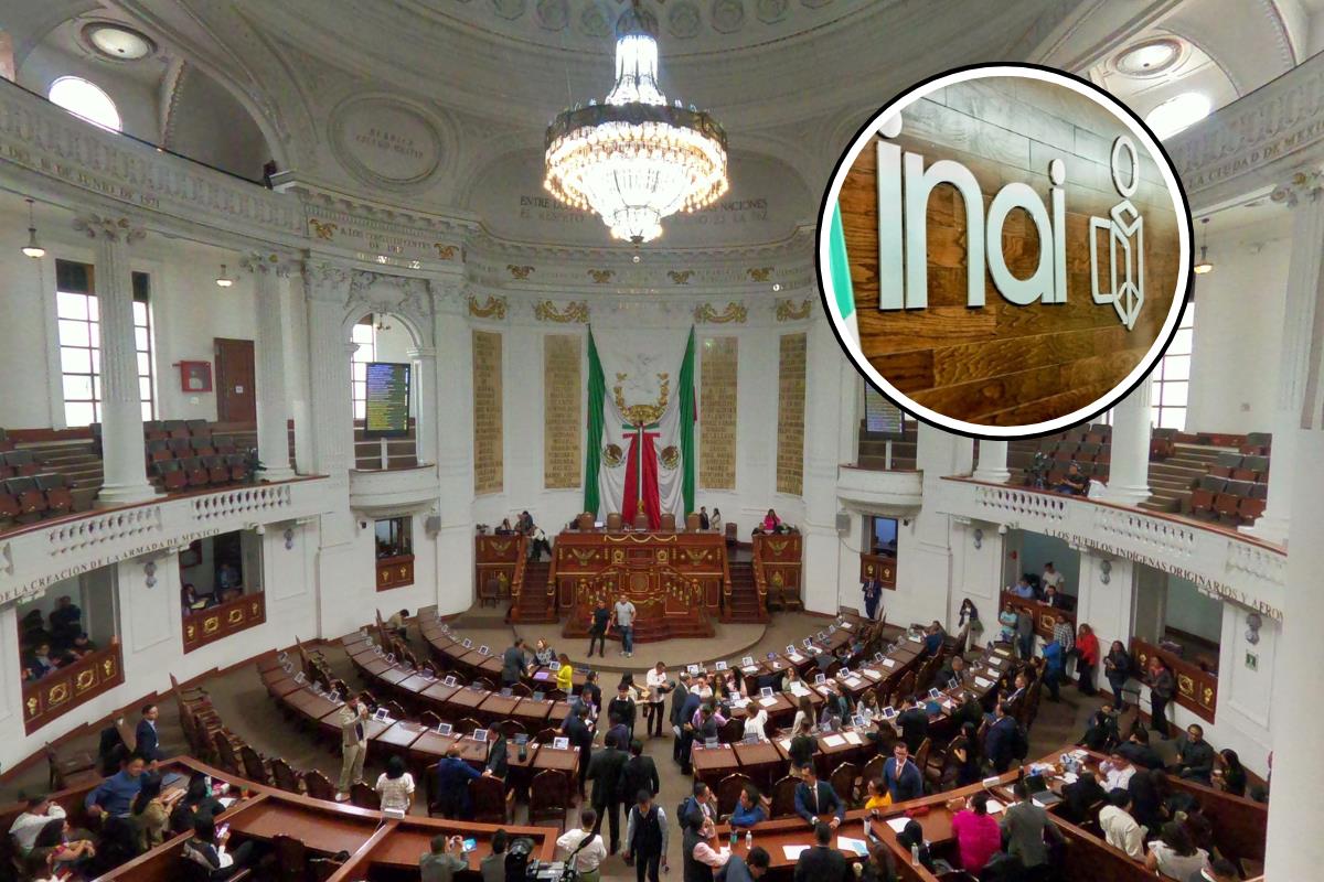 De fondo el Congreso capitalino, letras del INAI. Foto: Congreso CDMX/INAI