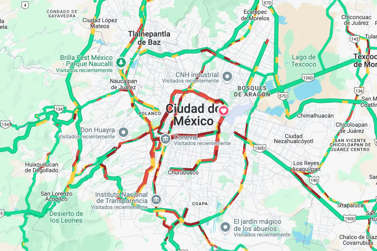 Mapa con tránsito de la Ciudad de México. Foto: Captura de pantalla Google Maps