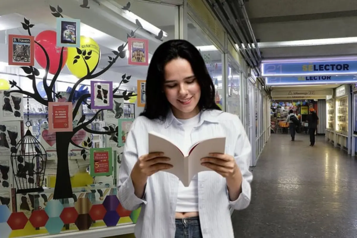 Mujer leyendo en el Paseo del Metro Pino Suárez.    Foto: @paseoxloslibros y Freepik, editada en Canva.