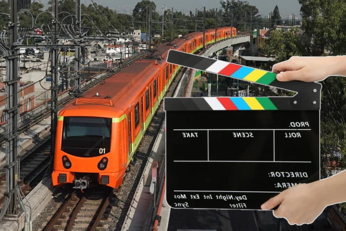 Metro de CDMX con claqueta enfrente.    Foto: @MetroCDMX y Freepik, editada en Canva.