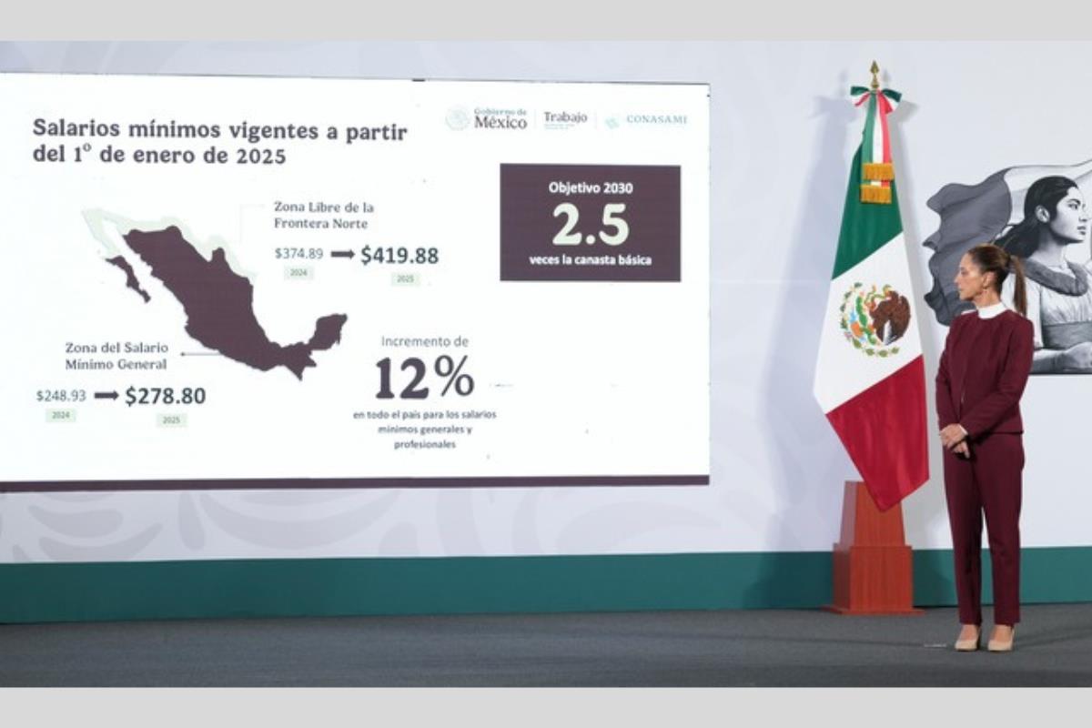 Anuncia Claudia Sheinbaum la presidenta de México en incremento salarial para el próximo año 2025. Foto: gobierno de México