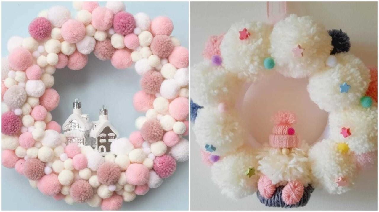 DIY navideño: Crea una hermosa corona de pompones de estambre. Foto: Pinterest/ Sweety so cute/ MisHobbYdeas