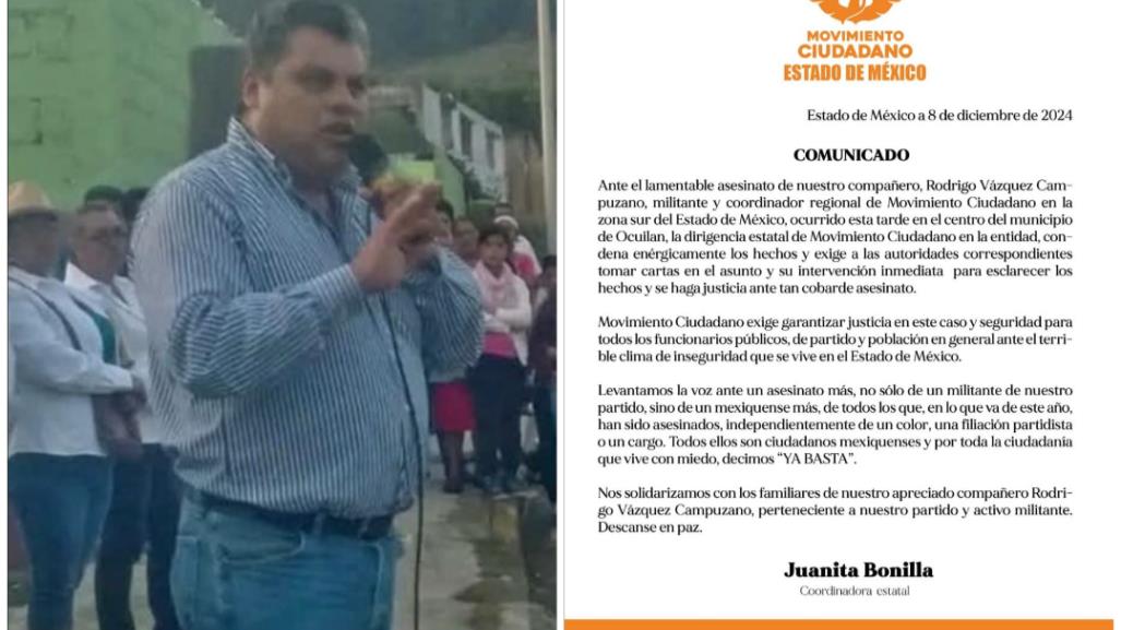 Asesinan a coordinador de MC en Ocuilan; partido exige justicia