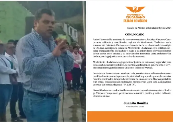 Asesinan a coordinador de MC en Ocuilan; partido exige justicia