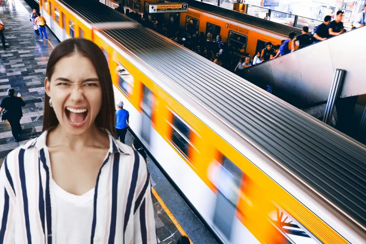 Metro de CDMX con personas molesta al frente.   Foto: @MetroCDMX y Freepik, editada en Canva.