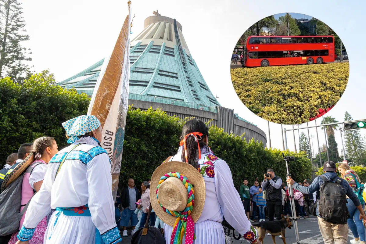 Peregrinos llegando a la Basílica de Guadalupe, con imagen del MB.    Foto: @INBGuadalupe y @MetrobusCDMX, editada en Canva.