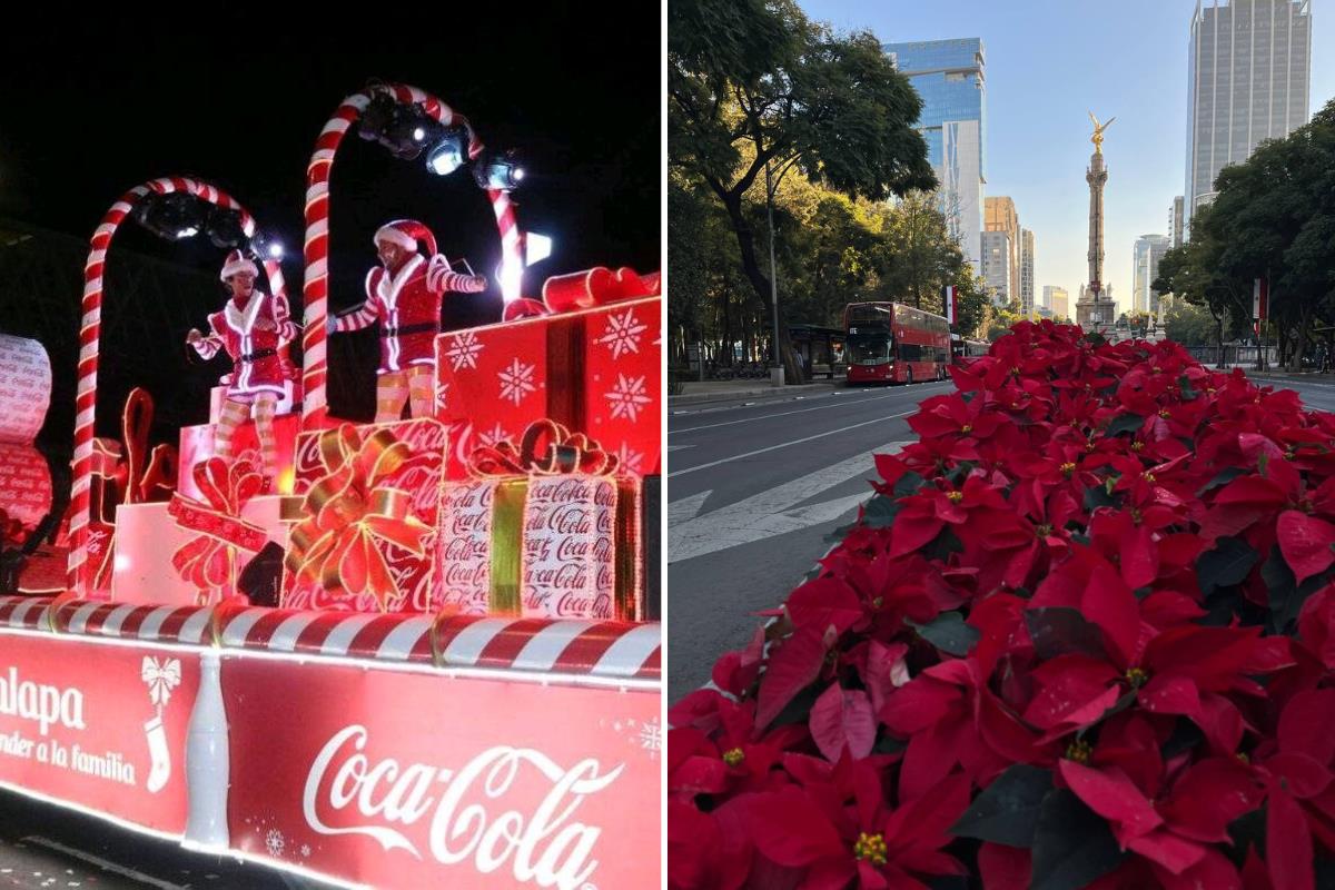 Caravana Coca Cola y Paseo de la Reforma.    Foto: @MetrobusCDMX y @Alc_Iztapalapa, editada en Canva.