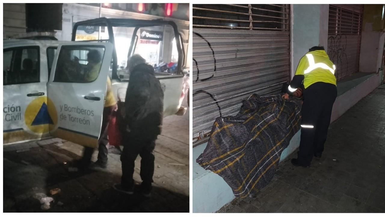 Elementos de Protección Civil auxiliando del frío a personas en la calle. (Fotografía: Gobierno de Torreón)