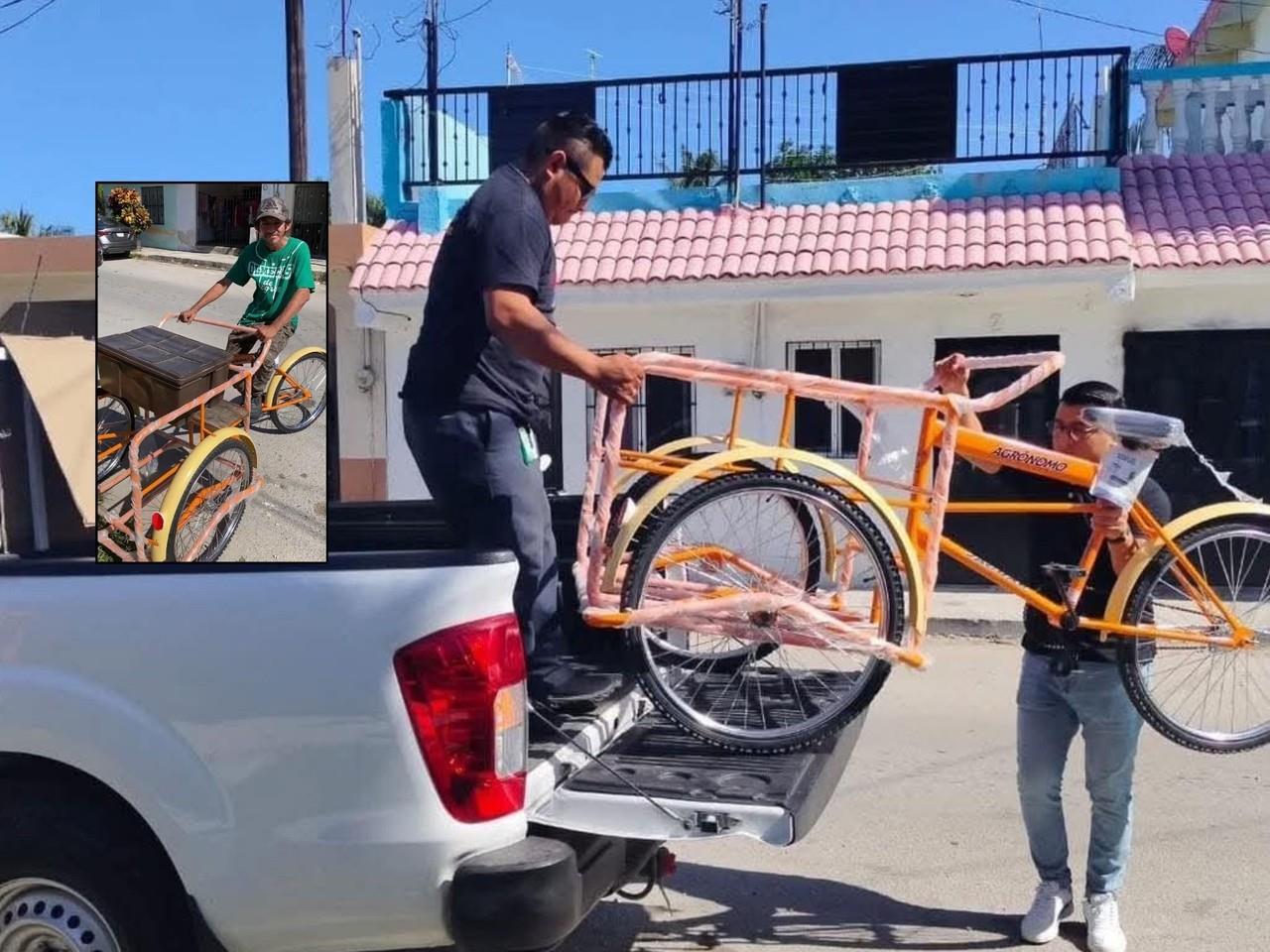 Don Luis Felipe recibió un nuevo triciclo luego de que se viralizara un vídeo en el que se ve a un grupo de aficionados de las Águilas del América dañando la unidad que tenia antes para repartir pan.- Fuente @Bicimaya