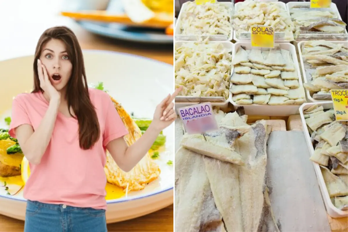 Platillo preparado con Bacalao y venta de este producto, con una chica al frente. Foto: Imágenes tomadas de Freepik, editadas en Canva.