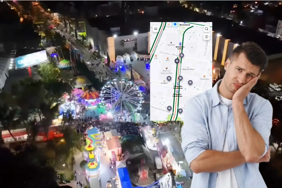 Romería en la alcaldía Cuauhtémoc, mapa de cicloestaciones cerradas y persona molesta al frente. Foto: @elgabostereo, @AlcCuauhtemocMx y Freepik, editada en Canva.