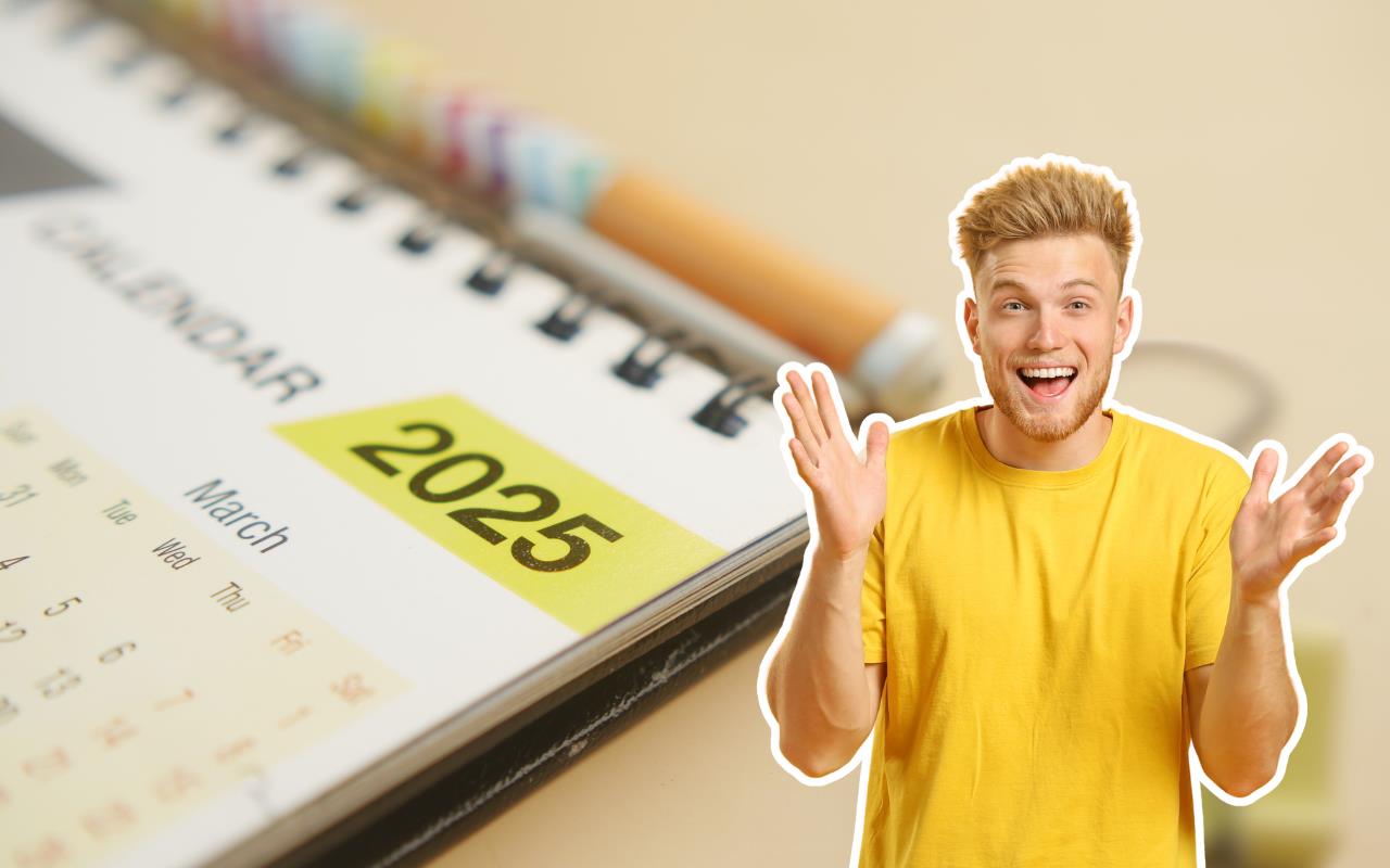 De fondo calendario 2025, persona feliz por descansos obligatorios. Foto: Canva