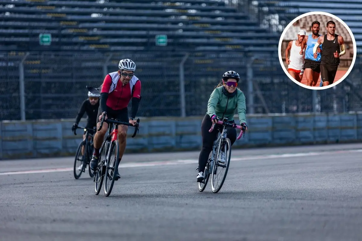 Persona en bici y corriendo en el Autódromo Hermanos Rodríguez. Foto: Luis Cerón / edición Canva