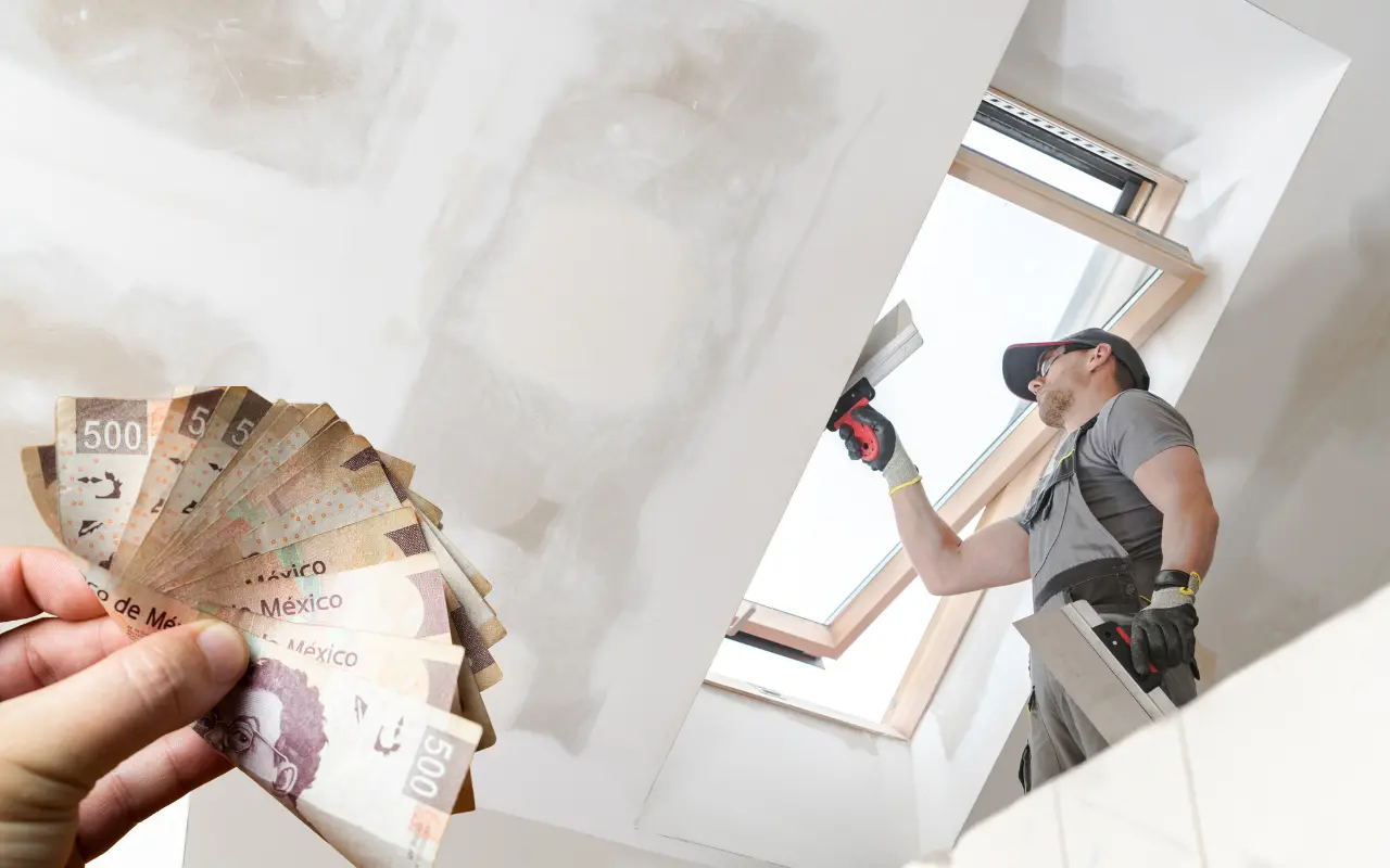 De fondo persona remodelando casa, mano con billetes mexicanos. Foto: Canva