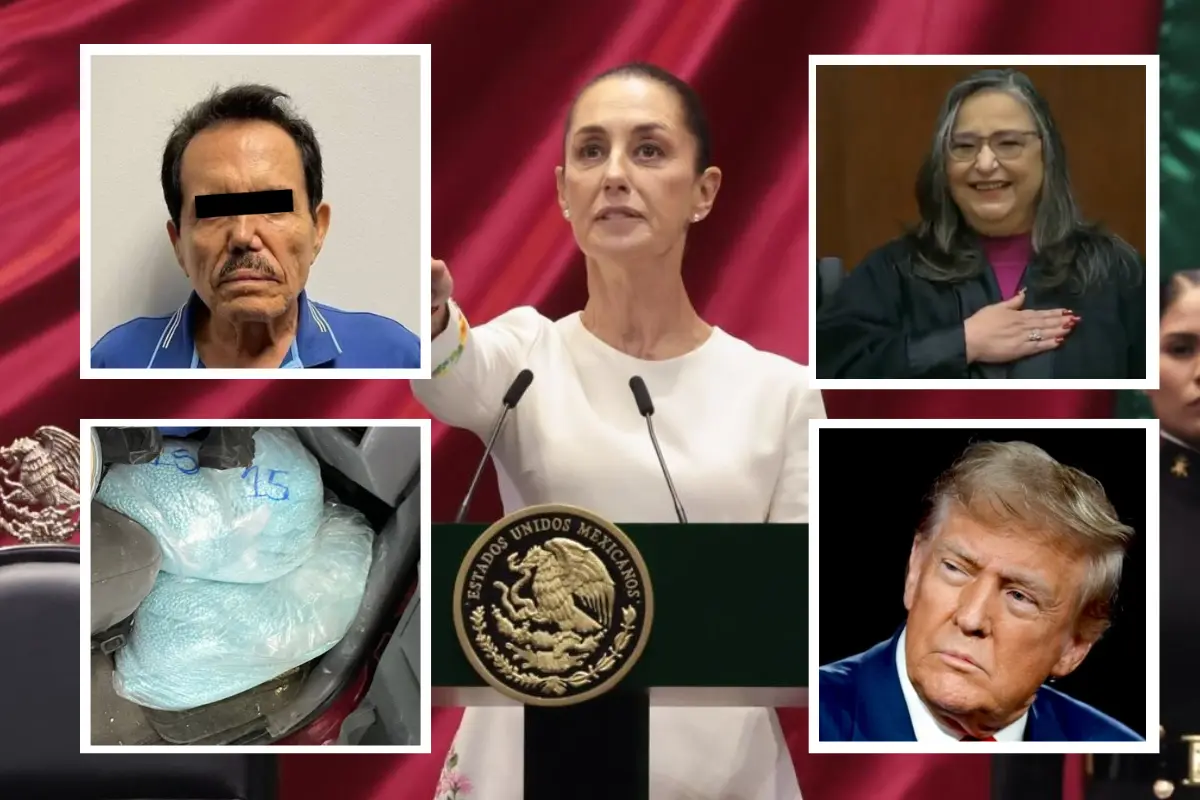 Claudia Sheinbaum, Ismael El Mayo Zambada, Norma Piña, bolsa de fentanilo y Donald Trump. Foto: Presidencia de la República / X (@SCJN) (@OHarfuch) / Facebook (Donald J. Trump)