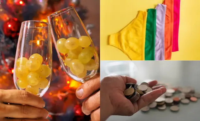 12 uvas pantaletas con colores de la suerte y monedas Foto: Google Rituales año nuevo editado en canva