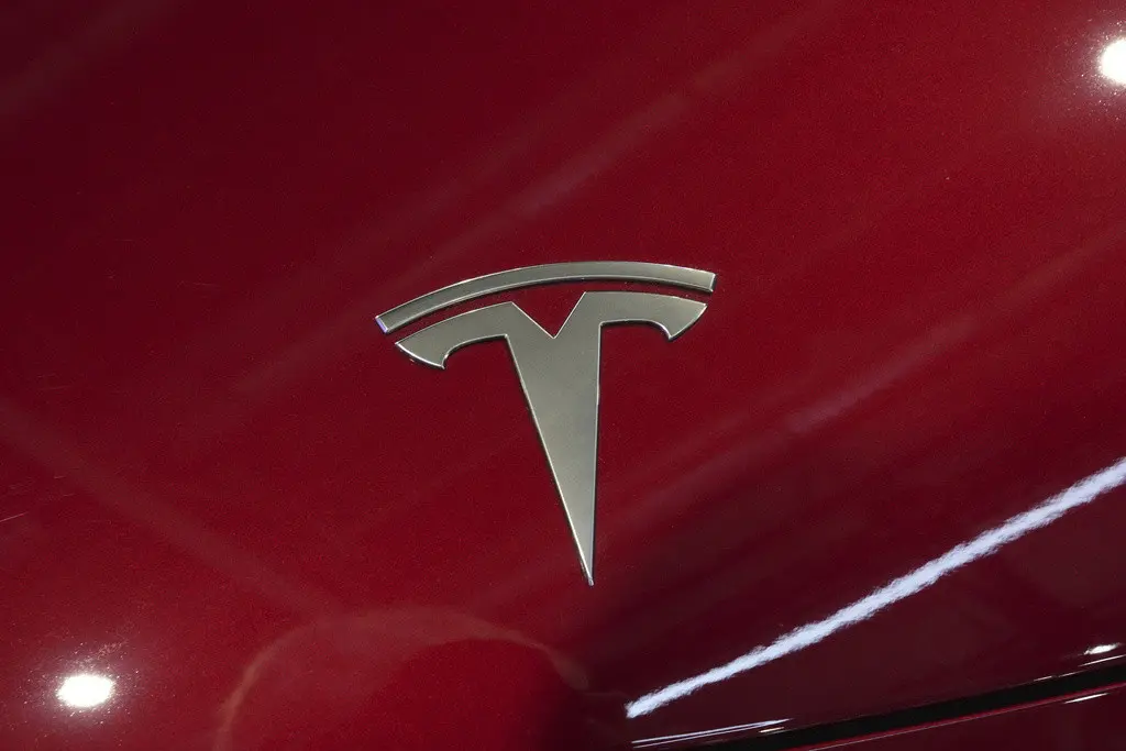 El logotipo de coches Tesla en el Salón del Automóvil de París, el 14 de octubre de 2024. (AP foto/Michel Euler, archivo)