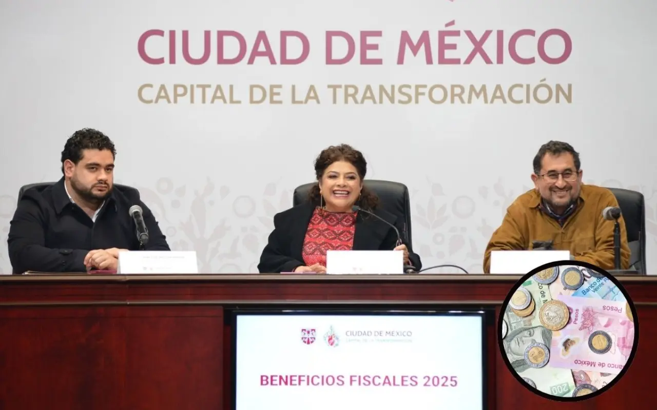 Clara Brugada y gabinete durante conferencia sobre los Beneficios Fiscales 2025 Foto portada, crédito: cuenta X Clara Brugada / Edición Canva