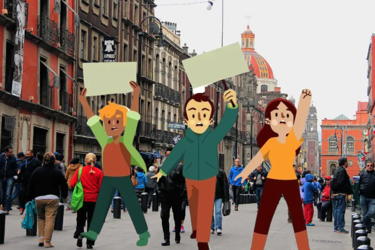 Calle moneda CDMX animaciones de personas manifestandose Foto: México desconocido y Freepik edición en canva