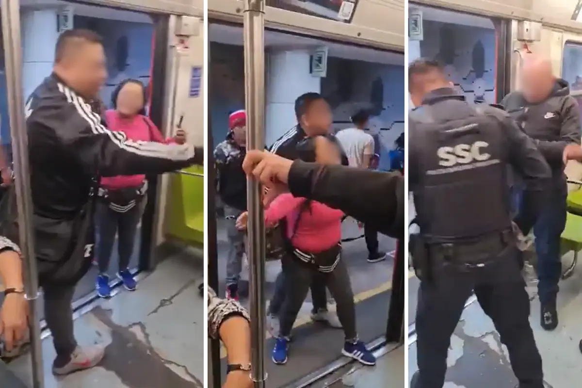 Vagoneros atacando a policías en estación Atlalilco de la Línea 8 del Metro de CDMX. Foto: Captura de pantalla de @Gposiadeoficial, editada en Canva.