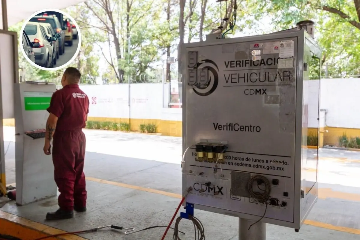 De fondo persona en verificación, carros en ciudad. Foto: SEDEMA / edición Canva