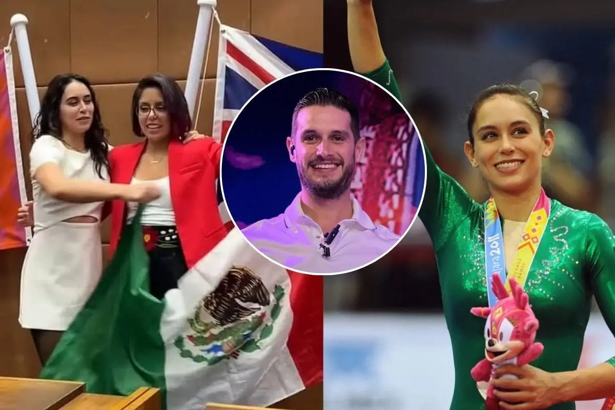 Adrian Marcelo reacciona en contra de la gimnasta Elsa García tras la polémica de aventar la bandera mexicana al suelo. / FOTO: IG Elsa García Adrian Marcelo CANVA