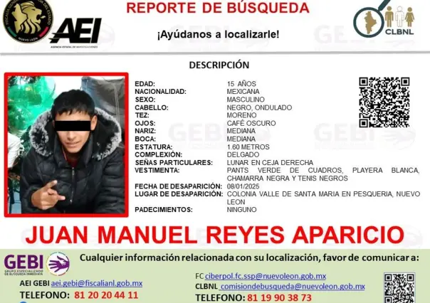 Lanzan alerta por desaparición de menor en Pesquería