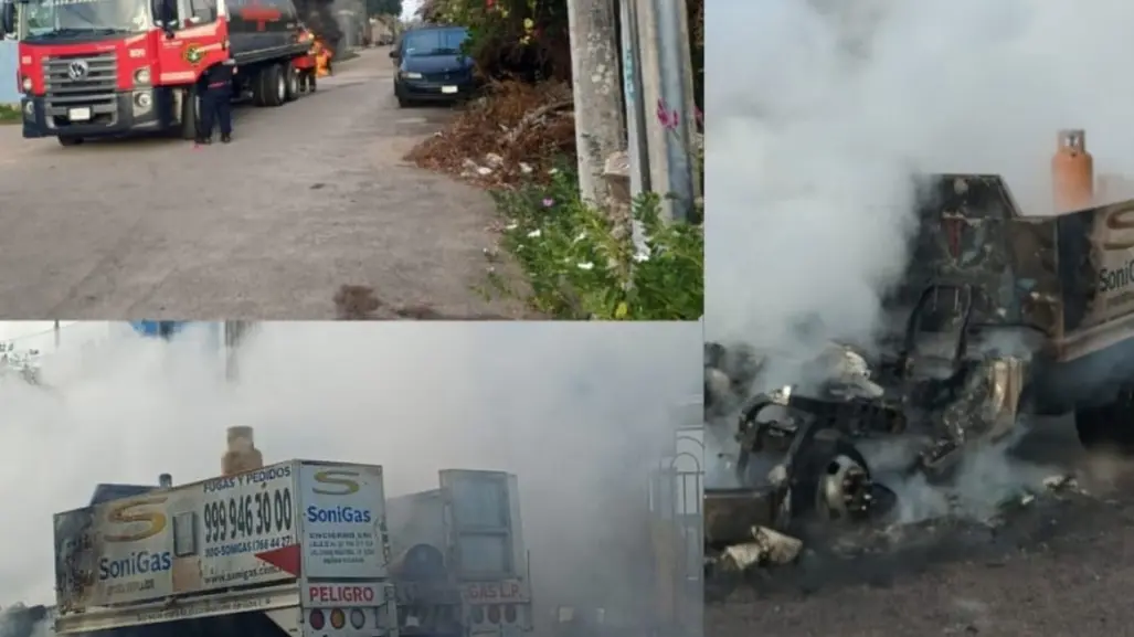 Bomberos evitan explosión tras incendiarse una camioneta con tanques de gas LP