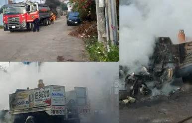 Bomberos evitan explosión tras incendiarse una camioneta con tanques de gas LP