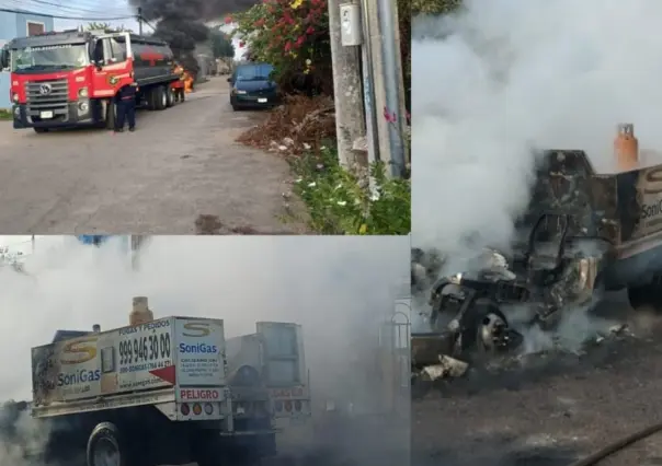 Bomberos evitan explosión tras incendiarse una camioneta con tanques de gas LP