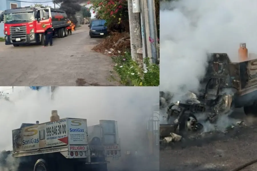 Bomberos evitan explosión tras incendiarse una camioneta con tanques de gas LP