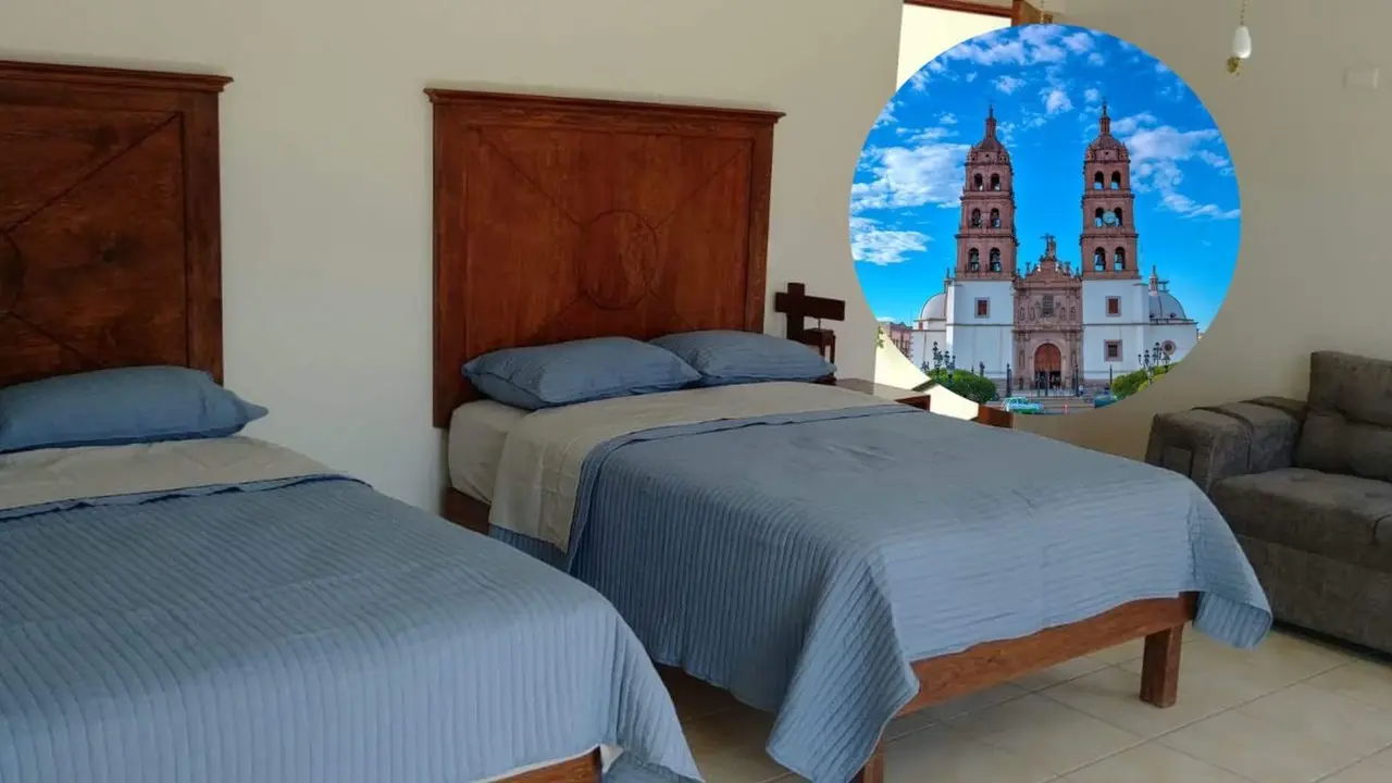 Imágenes del interior del Hostal Amanecer junto a imagen de la Catedral de Durango. Foto: Facebook Hostal Amanecer/ Ciudades Mexicanas Patrimonio Mundial.