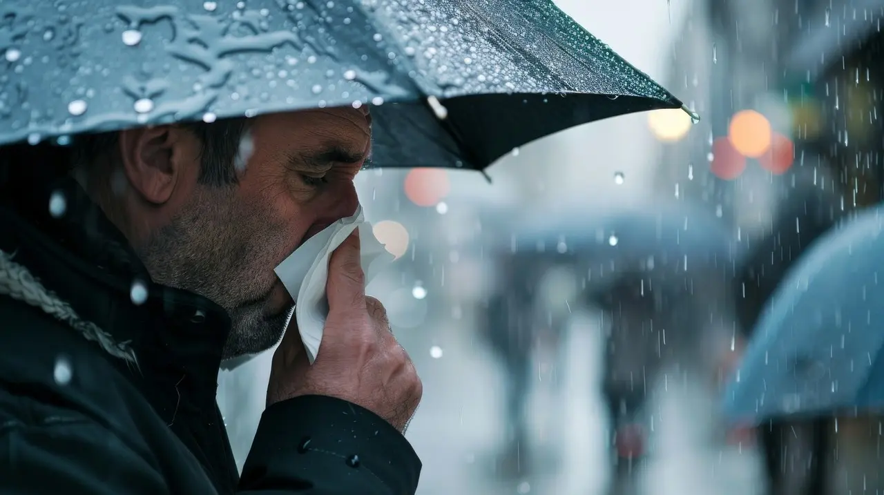 Hombre adulto limpiando su nariz en un día frío y lluvioso. Foto: Freepik