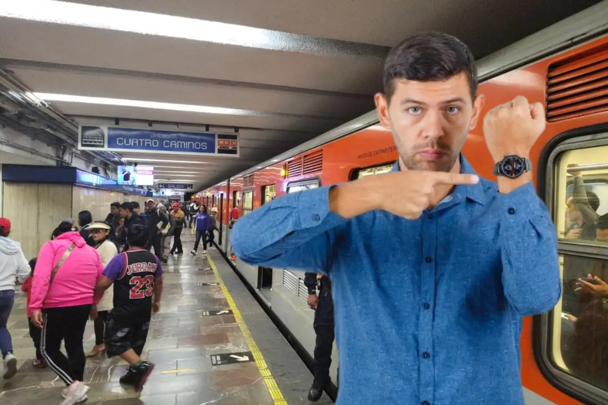 Persona señalando su reloj frente al Metro de CDMX.   Foto: Freepik y @MetroCDMX