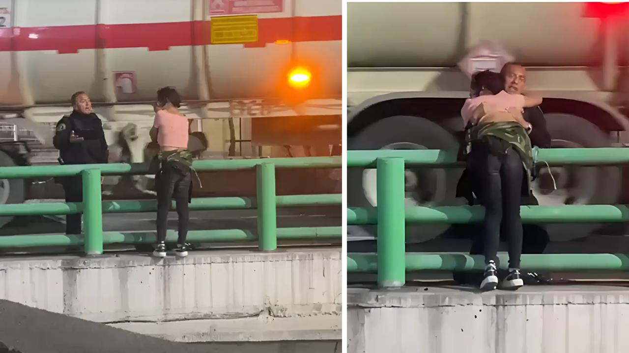 VIDEO | Policia héroe salva a mujer que intentaba arrojarse de puente vehicular