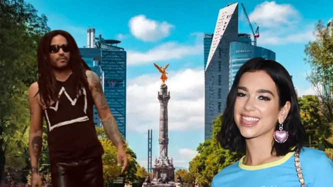 Lenny Kravitz y Dua Lipa con paisaje de la CDMX Foto: Network y canva edición en canva