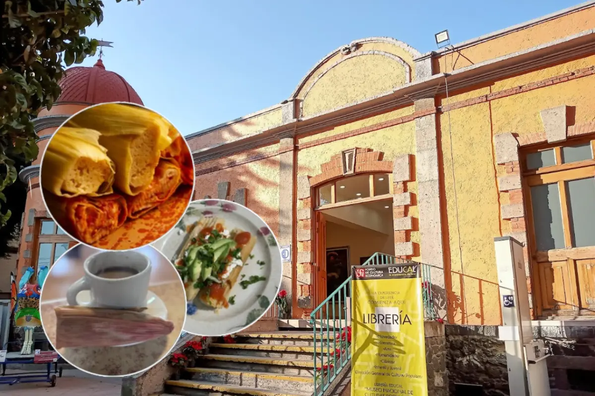 Fachada del Museo Nacional de Culturas Populares con imágenes de tamales al frente. Foto: Google Maps y Freepik, editada en Canva.