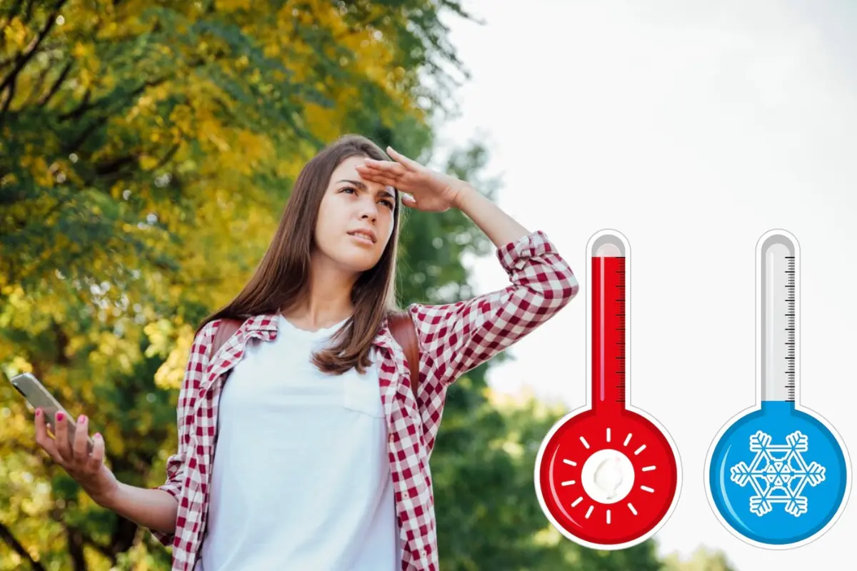 Mujer cubriéndose del calor juntos a dos termómetros.    Foto: Freepik, editada en Canva.