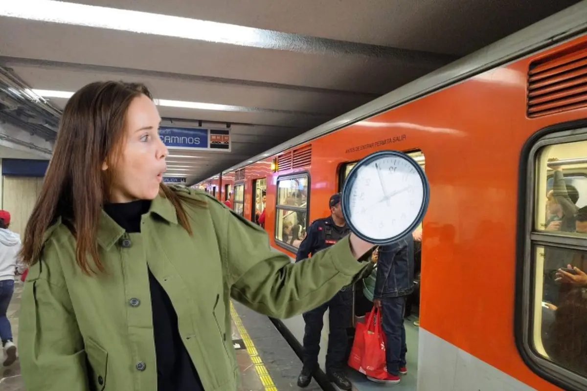 Metro de CDMX esperando en andén y mujer al frente sosteniendo un reloj. Foto: X (@MetroCDMX) y Freepik, editada en Canva.