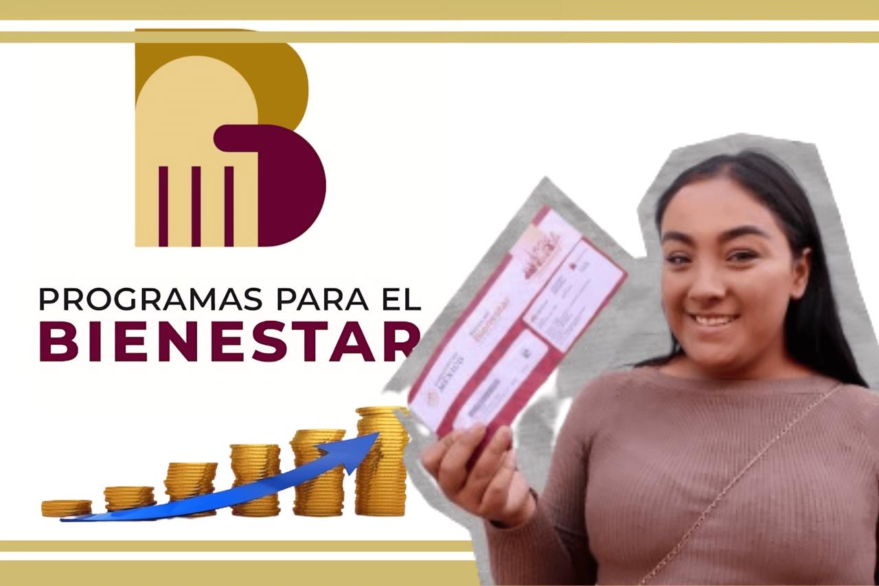 Logo de Programas para el Bienestar en México y estudiantes con el sobre de la tarjeta del Banco Bienestar.     Foto: X (@JovConFuturo) y Freepik, editada en Canva.