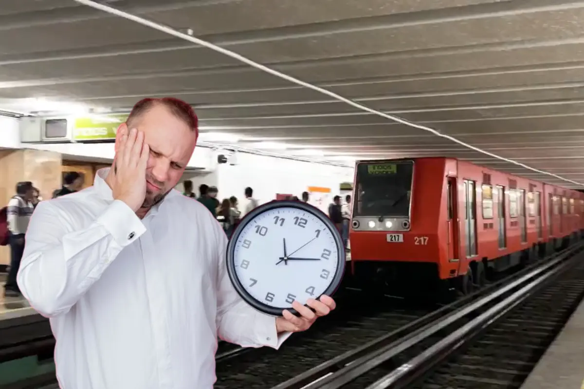 Metro de la Línea 3 llegando a una de sus estaciones, con un hombre sosteniendo un reloj al frente.     Foto: X (@MetroCDMX) y Freepik, editada en Canva.