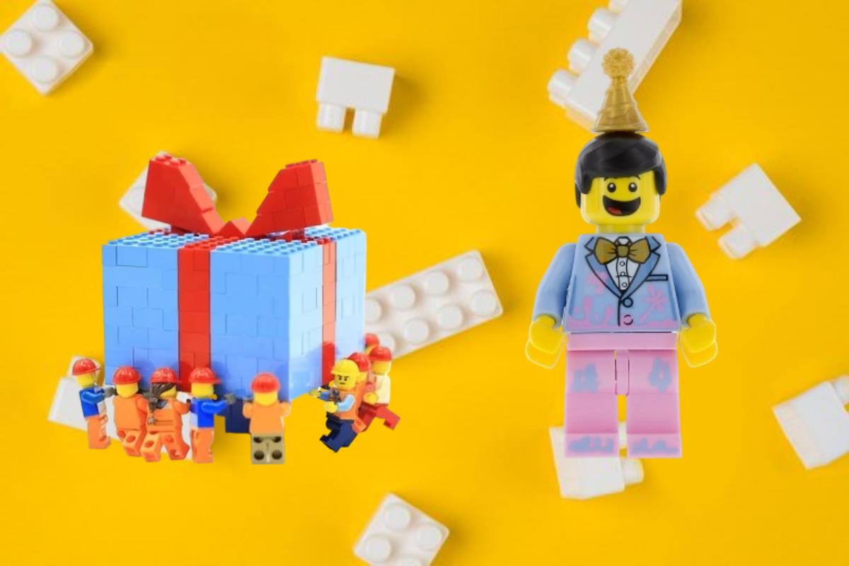 Fondo de LEGOS blancos con muñecos LEGO cargando u n regalo y otro muñeco LEGO con un gorro de cumpleaños. Foto: Freepik y DepositPhotos, editada en Canva.