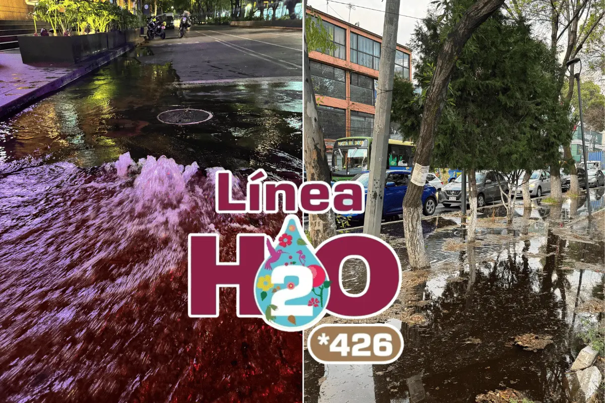 Fugas de Agua en CDMX e imagen ilustrativa de la Línea H20.    Foto: Ramón Ramírez y X (@SEGIAGUA), editada en Canva.