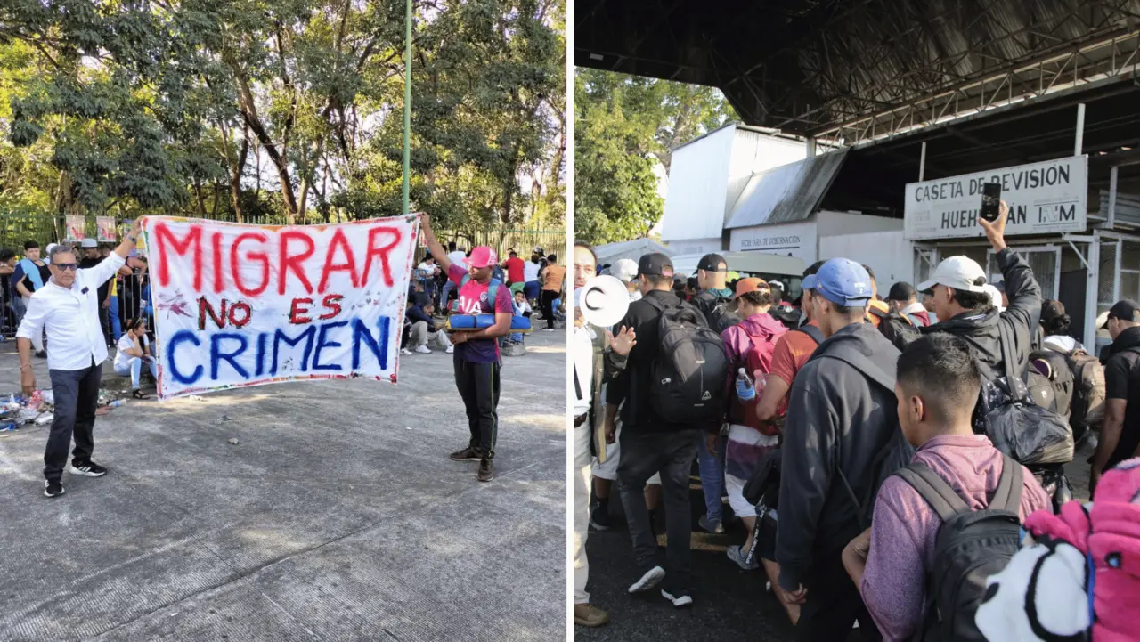 “Migrar no es un crimen”, señala la pancarta. Foto: René Araujo. | VIDEO: Luis García.