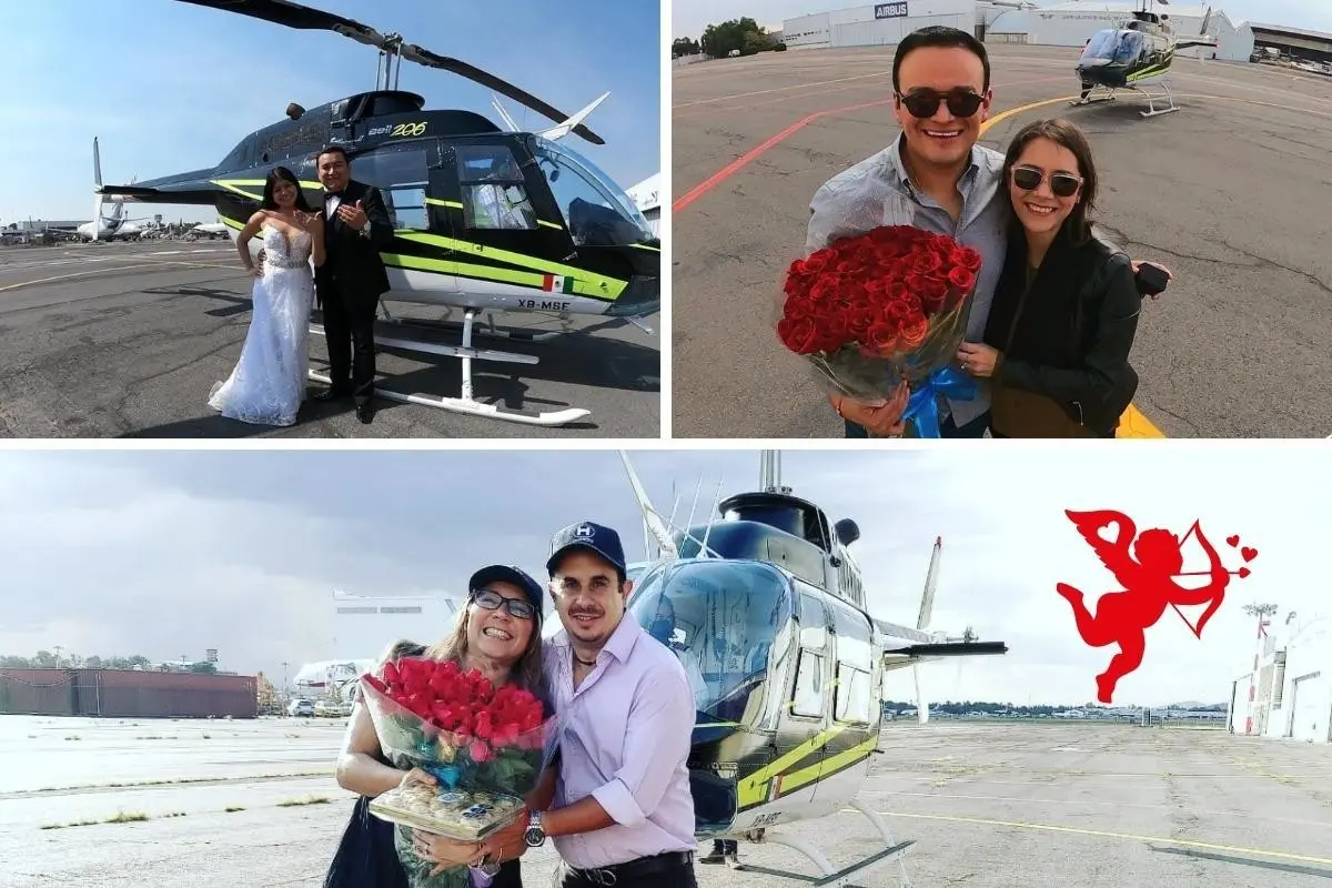 Personas frente a un helicóptero con rosas, durante el 14 de febrero en CDMX.   Foto: Helite City / Edición Canva