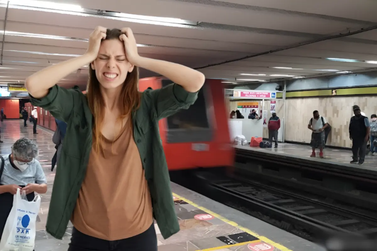 Estación Balderas del Metro de la Línea 3 y una mujer molesta al frente del vagón.    Foto: Arantza Gascón de Google Maps y Freepik, editada en Canva.