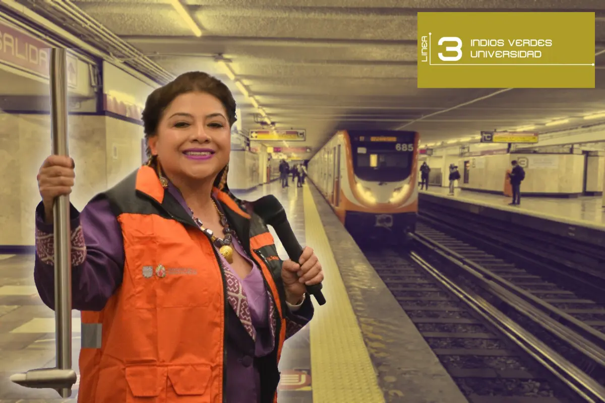 De fondo instalaciones de la Línea 3 del Metro, logo y Clara Brugada. Foto: Metro CDMX | X @MetroCDMX