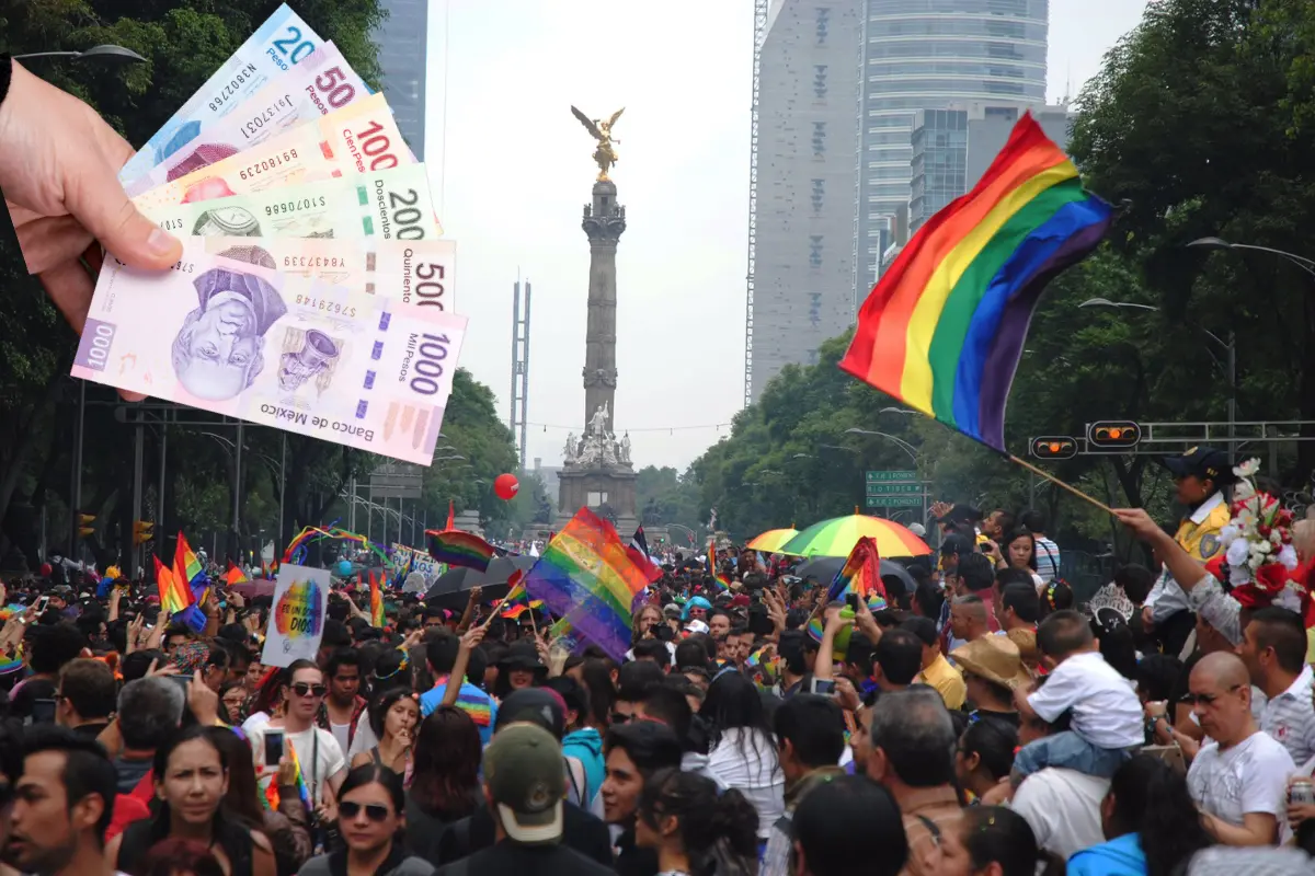 De fondo marcha del Orgullo LGBT, mano con billetes. Foto: X @entreellosblog | Canva