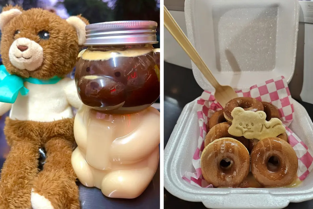 Osito de peluche con bebida y donas. Foto: Instagram @_corazonmio